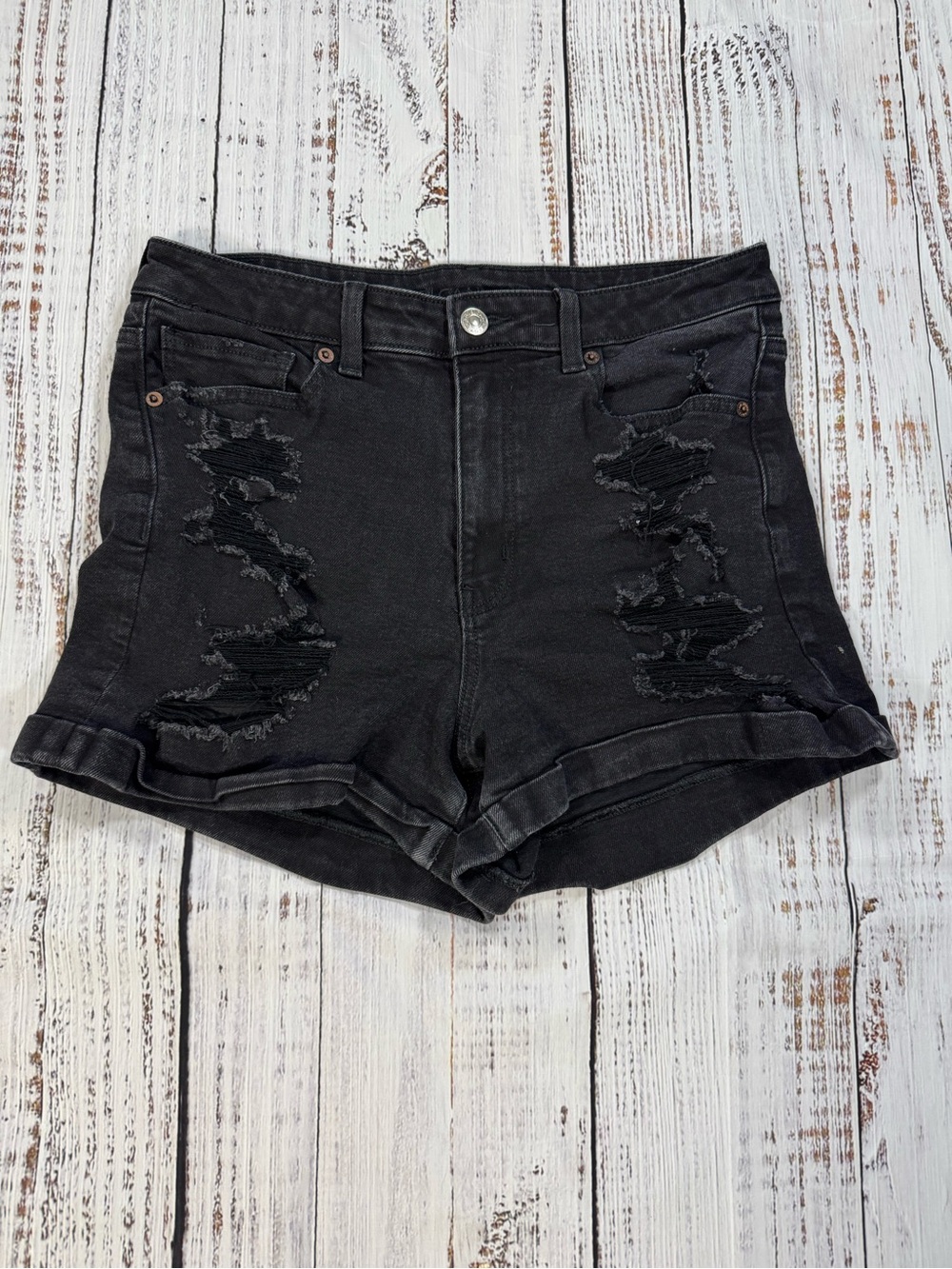 American Eagle Outfitters High-Waist Black Distressed Denim Shorts